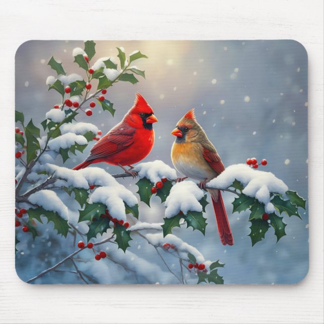 Red Cardinals and Holly in Snow Mouse Pad (Front)