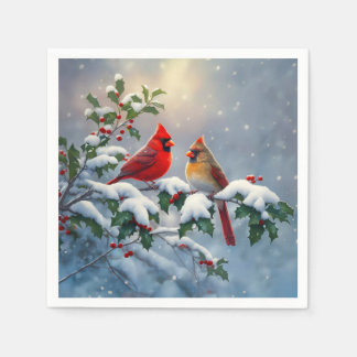 Red Cardinals and Holly in Snow Napkins