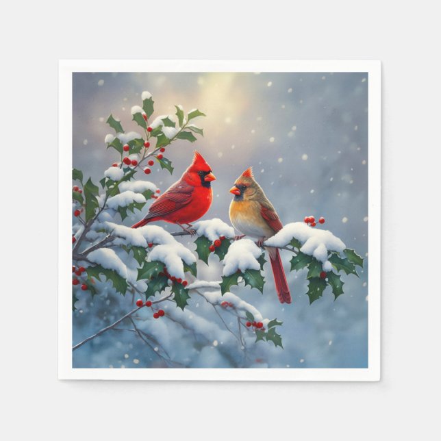 Red Cardinals and Holly in Snow Napkins (Front)