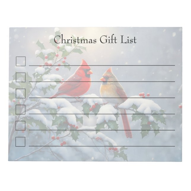 Red Cardinals and Holly in Snow Notepad (Front)