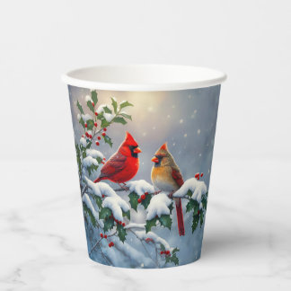 Red Cardinals and Holly in Snow Paper Cups