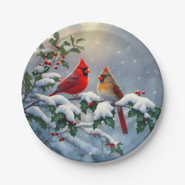 Red Cardinals and Holly in Snow Paper Plates (Front)