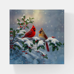 Red Cardinals and Holly in Snow Paperweight