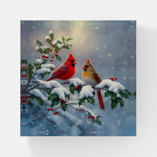 Red Cardinals and Holly in Snow Paperweight