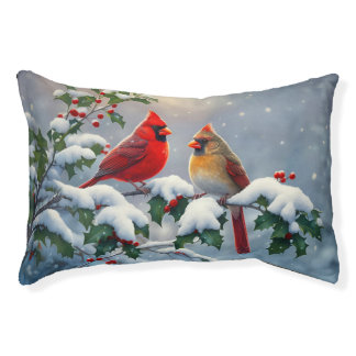 Red Cardinals and Holly in Snow Pet Bed