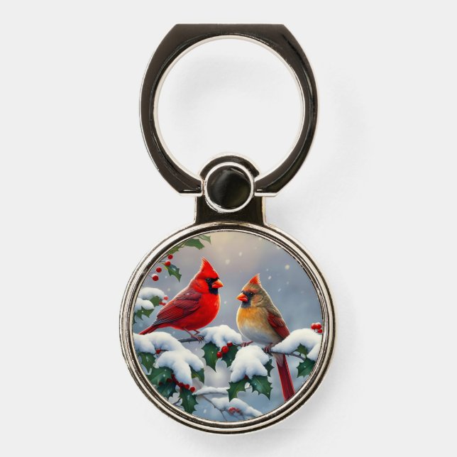 Red Cardinals and Holly in Snow Phone Ring Stand (Front)