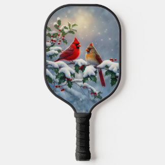 Red Cardinals and Holly in Snow Pickleball Paddle