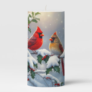 Red Cardinals and Holly in Snow Pillar Candle