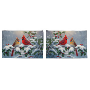 Red Cardinals and Holly in Snow Pillow Case