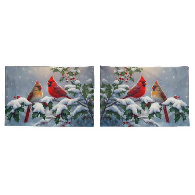 Red Cardinals and Holly in Snow Pillow Case (Back-Set)