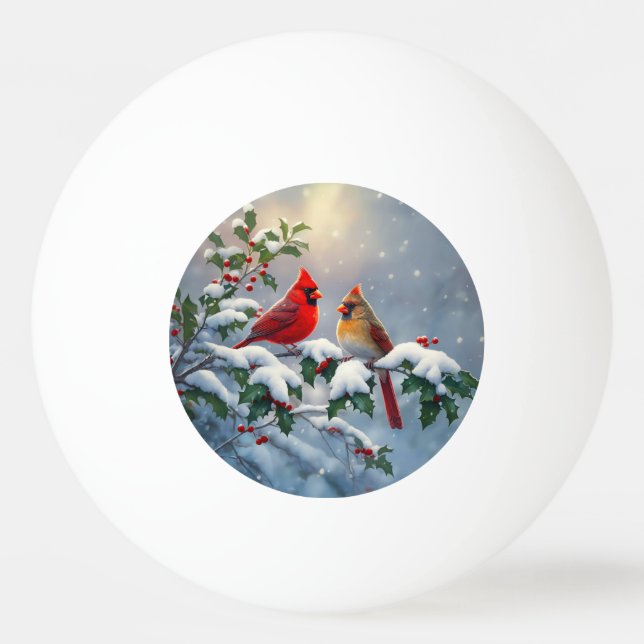 Red Cardinals and Holly in Snow Ping Pong Ball (Front)