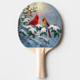 Red Cardinals and Holly in Snow Ping Pong Paddle