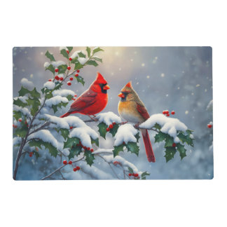 Red Cardinals and Holly in Snow Placemat