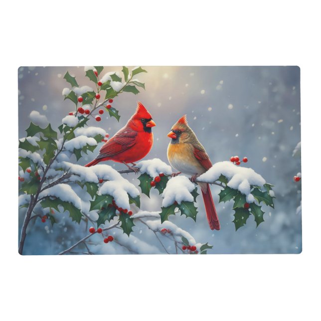 Red Cardinals and Holly in Snow Placemat (Front)