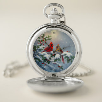 Red Cardinals and Holly in Snow Pocket Watch
