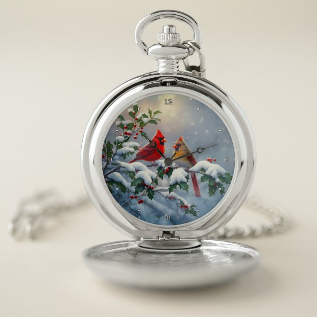 Red Cardinals and Holly in Snow Pocket Watch (Inside)