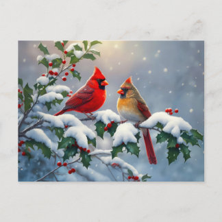 Red Cardinals and Holly in Snow Postcard