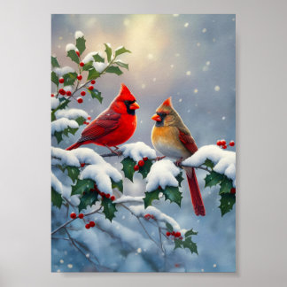 Red Cardinals and Holly in Snow Poster