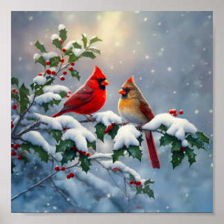 Red Cardinals and Holly in Snow Poster