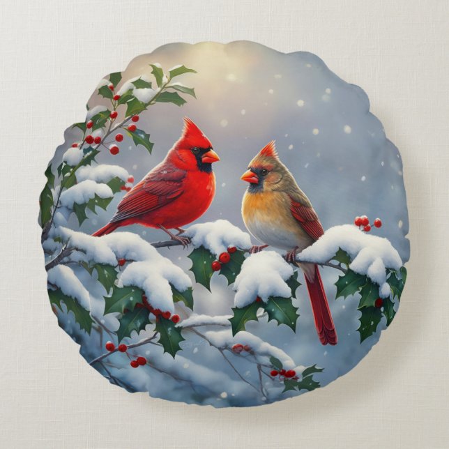Red Cardinals and Holly in Snow Round Pillow (Front)
