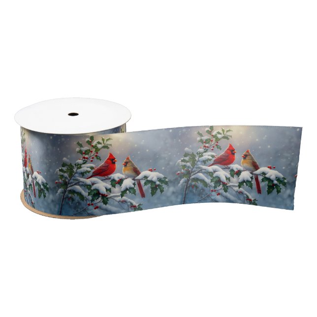 Red Cardinals and Holly in Snow Satin Ribbon (Spool)