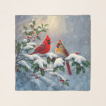 Red Cardinals and Holly in Snow Scarf<br><div class="desc">A pair of northern red cardinals perch on a holly branch covered with red berries and snow.</div>