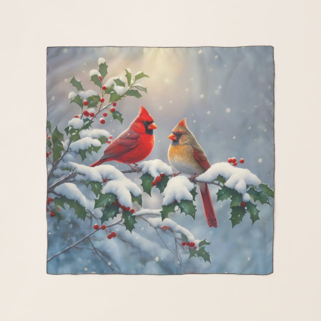 Red Cardinals and Holly in Snow Scarf (Front)