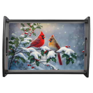 Red Cardinals and Holly in Snow Serving Tray
