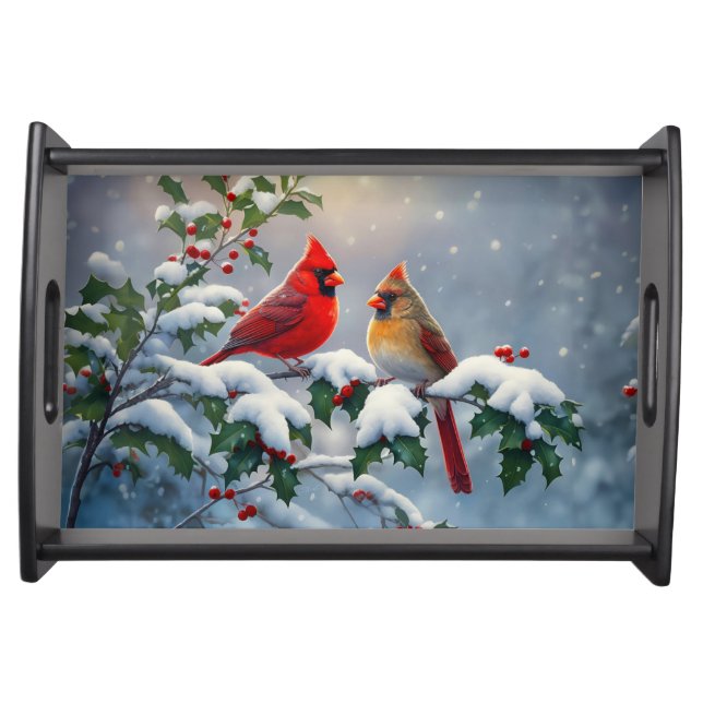 Red Cardinals and Holly in Snow Serving Tray (Front)