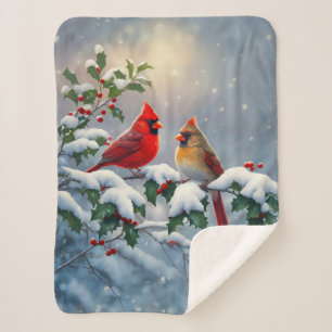 Red Cardinals and Holly in Snow Sherpa Blanket