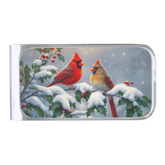 Red Cardinals and Holly in Snow Silver Finish Money Clip