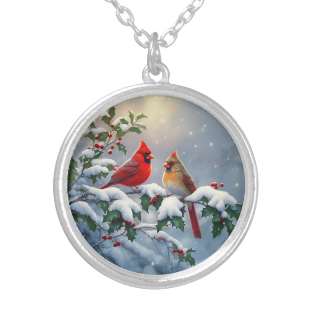 Red Cardinals and Holly in Snow Silver Plated Necklace (Front)