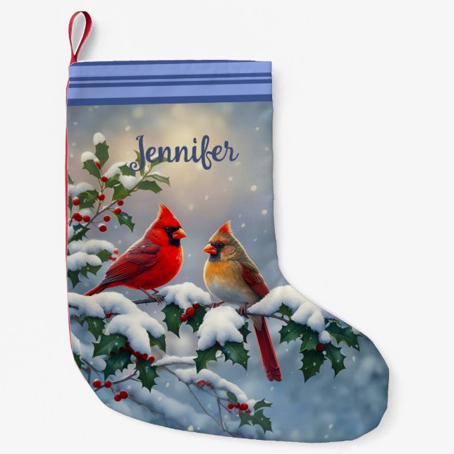 Red Cardinals and Holly in Snow Small Christmas Stocking (Front)