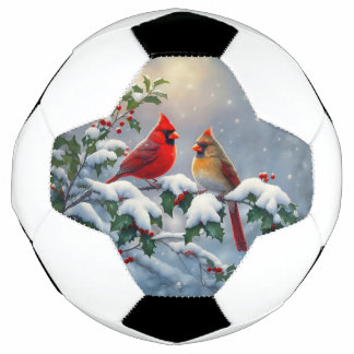 Red Cardinals and Holly in Snow Soccer Ball