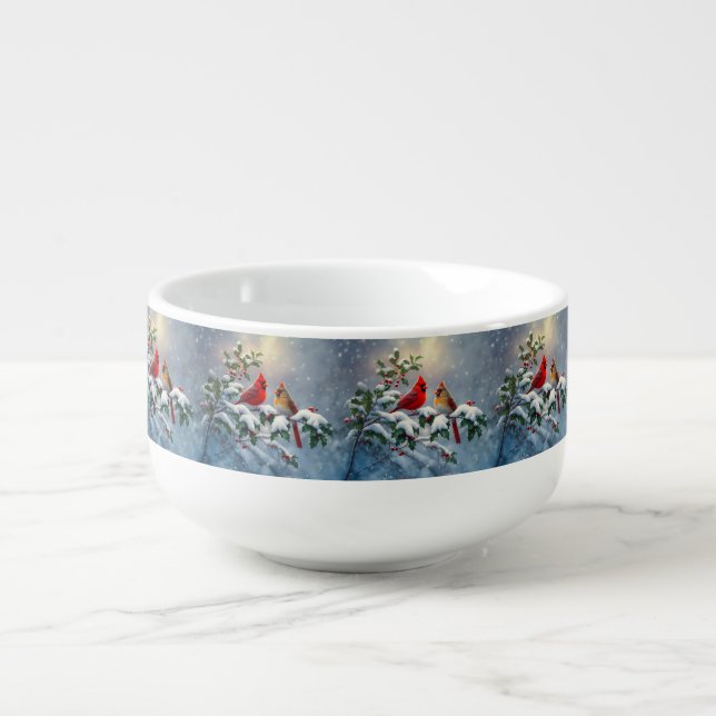Red Cardinals and Holly in Snow Soup Mug (Front)