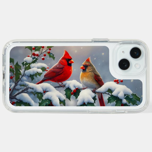Red Cardinals and Holly in Snow Speck iPhone Case (Horz (White))