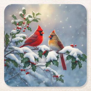 Red Cardinals and Holly in Snow Square Paper Coaster