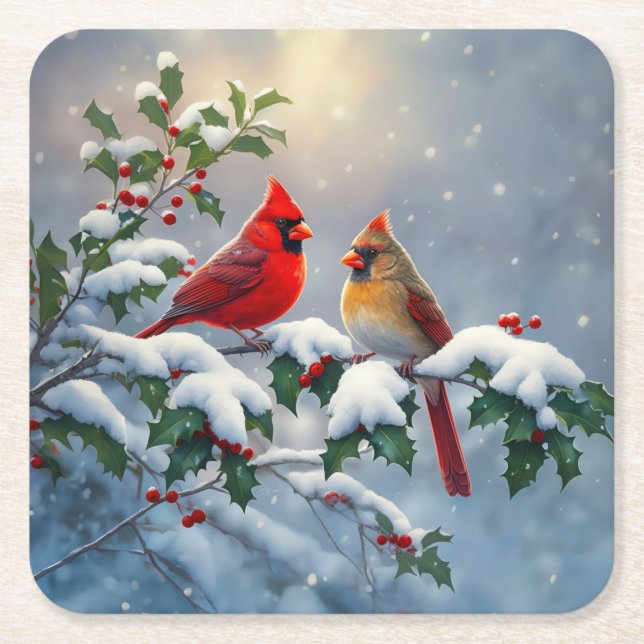 Red Cardinals and Holly in Snow Square Paper Coaster (Front)
