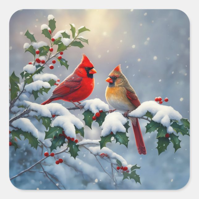 Red Cardinals and Holly in Snow Square Sticker (Front)