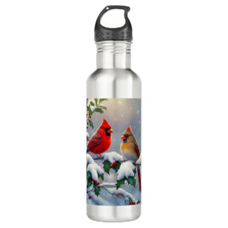 Red Cardinals and Holly in Snow Stainless Steel Water Bottle