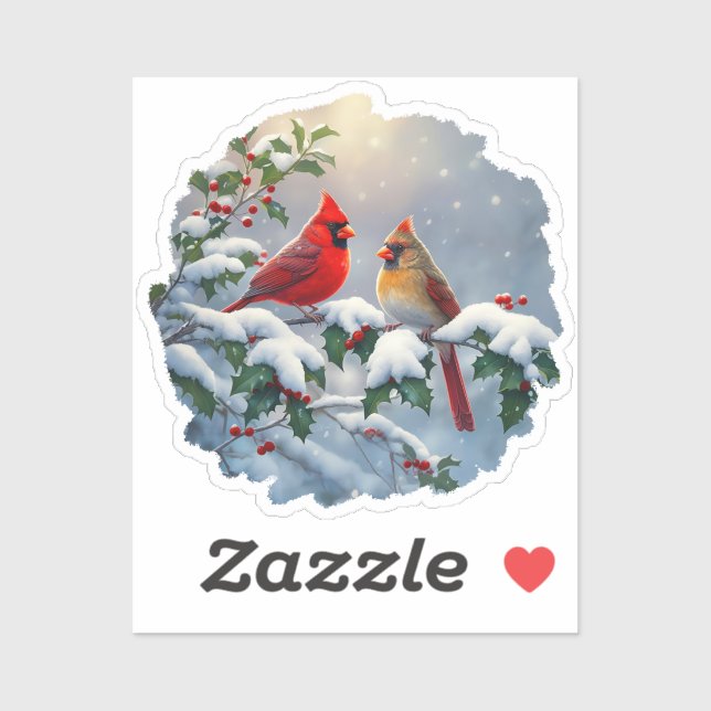 Red Cardinals and Holly in Snow Sticker (Sheet)