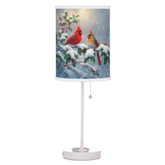 Red Cardinals and Holly in Snow Table Lamp