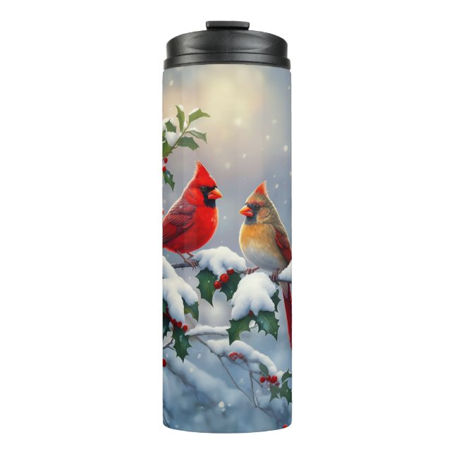 Red Cardinals and Holly in Snow Thermal Tumbler (Front)