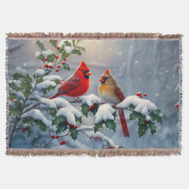 Red Cardinals and Holly in Snow Throw Blanket (Front)