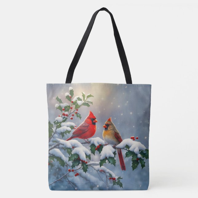 Red Cardinals and Holly in Snow Tote Bag (Front)
