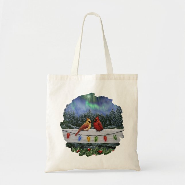 Red Cardinals and Holly in Snow Tote Bag (Front)