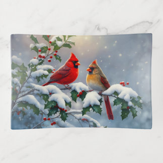 Red Cardinals and Holly in Snow Trinket Tray