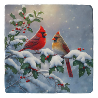 Red Cardinals and Holly in Snow Trivet