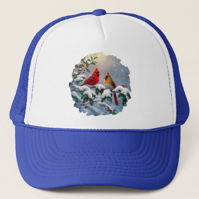 Red Cardinals and Holly in Snow Trucker Hat (Front)