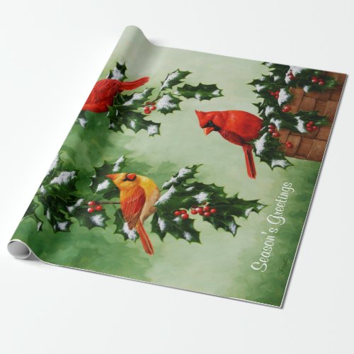 Red Cardinals and Holly Leaves Wrapping Paper